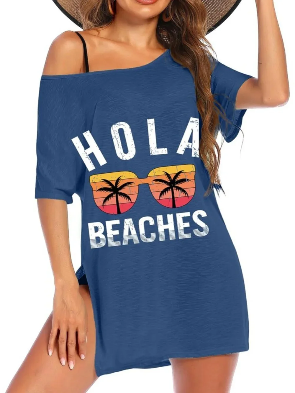 Women's Blue Hola Short Sleeve Cover Ups for Beach Bathing Suit Swimwear